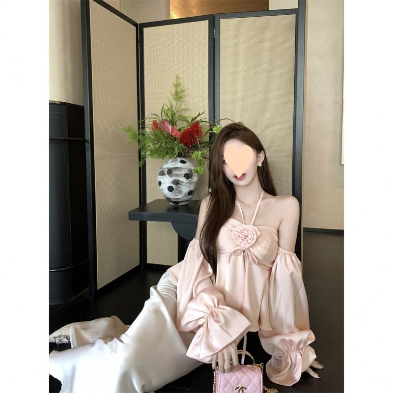 Limorista - French Style Design Flower Halter Off-shoulder Tube Top