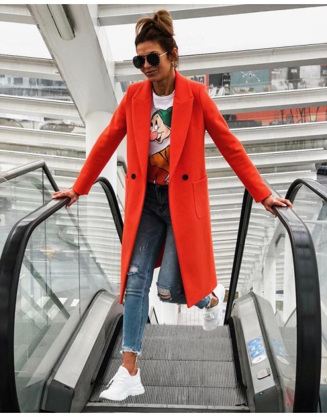 Long candy color lapel woolen coat Limorista