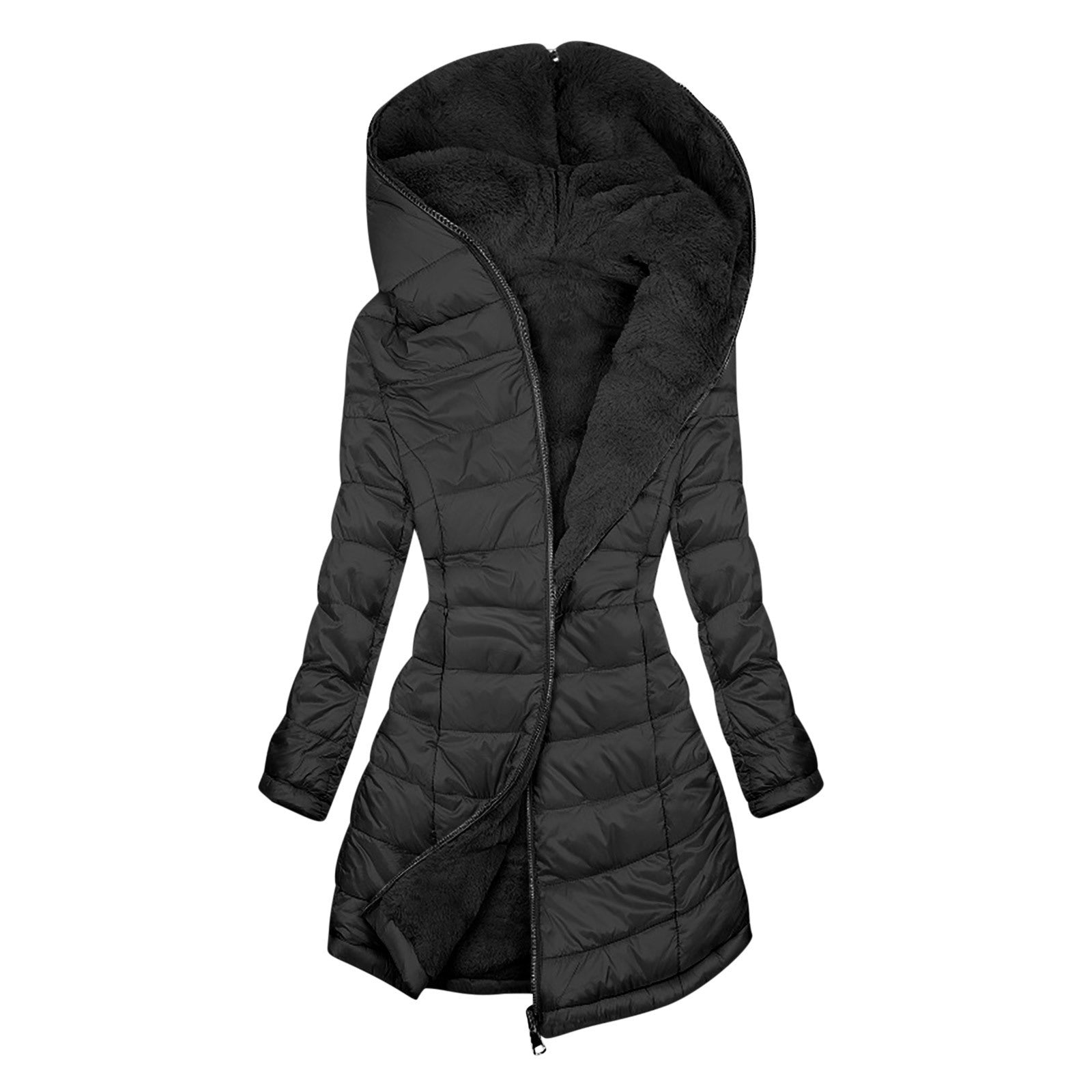 European And American Zipper Outer Wear Hooded Warm Fleece-lined Mid-length Winter Women&