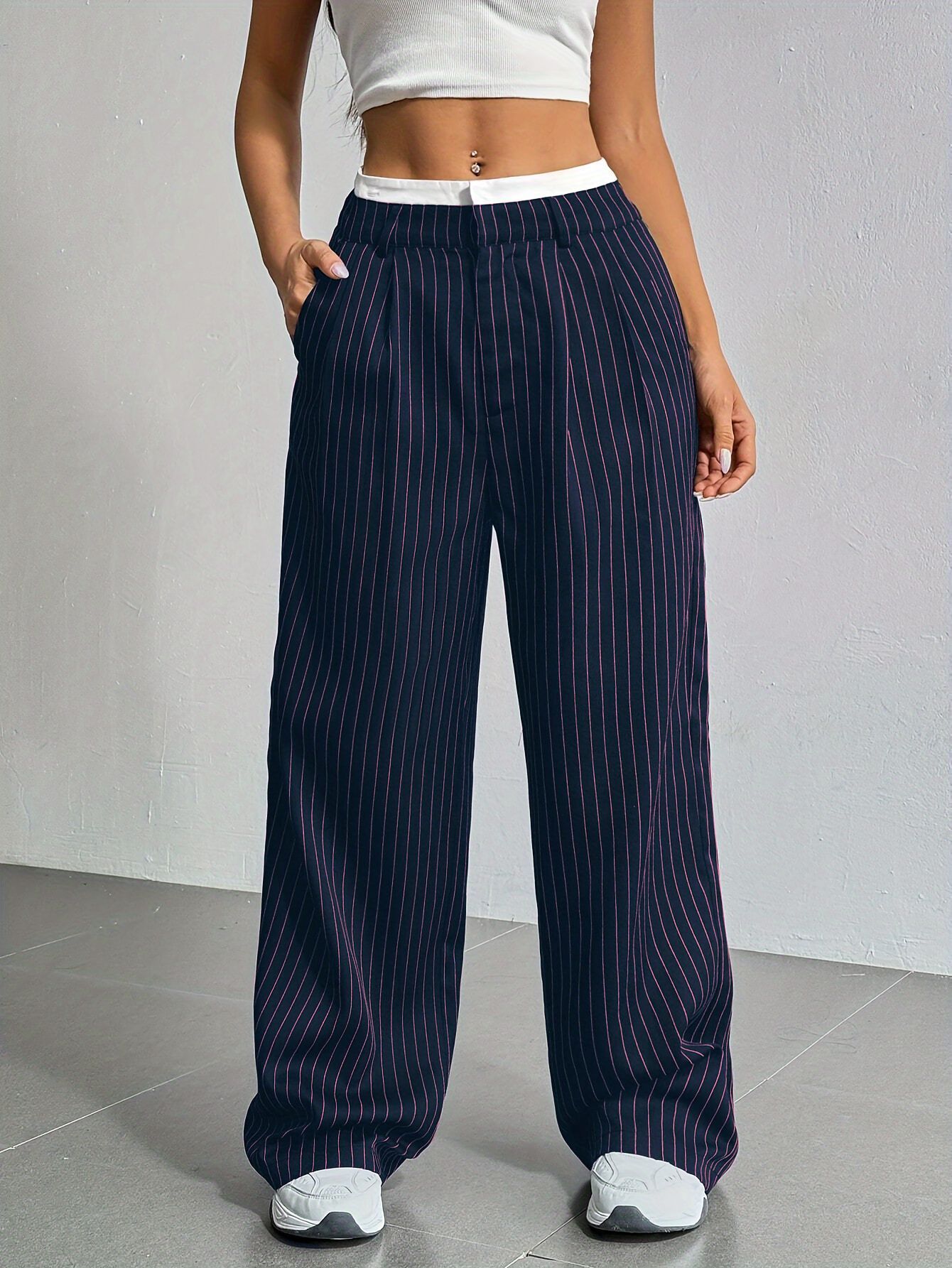 Stripe Printed Trousers Fashion High Waist Straight Leg Pants With Pocket Zipper Casual Suit Pants For Women Limorista