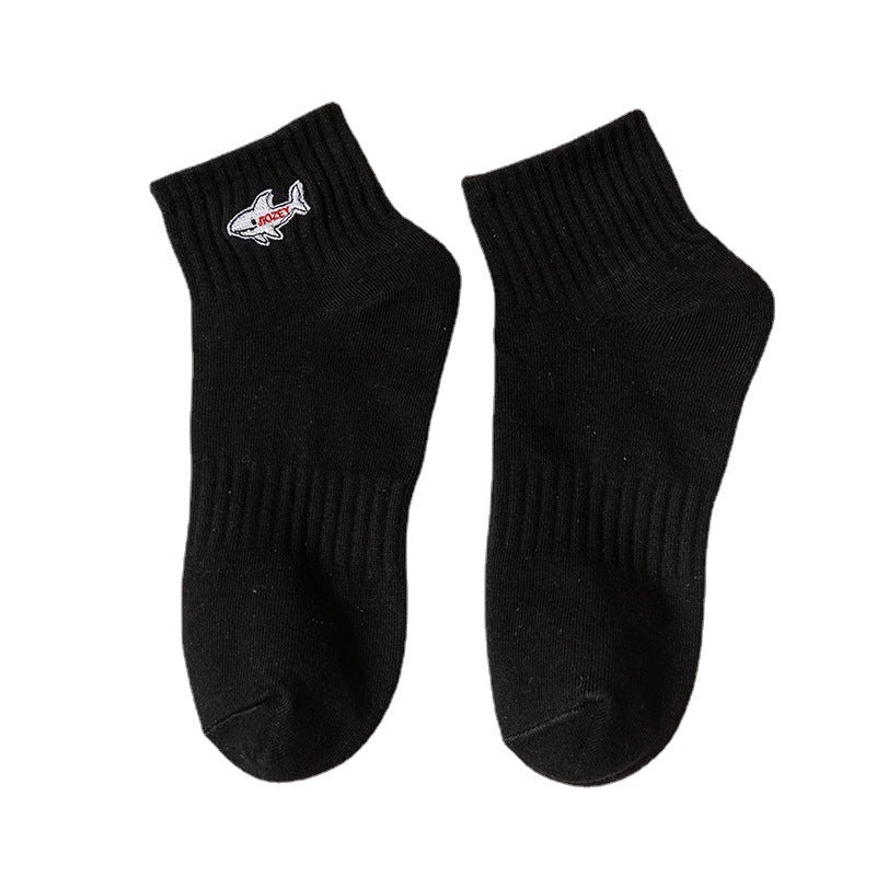Black And White Embroidered Shark Pure Cotton Sweat Absorbing Athletic Socks Limorista