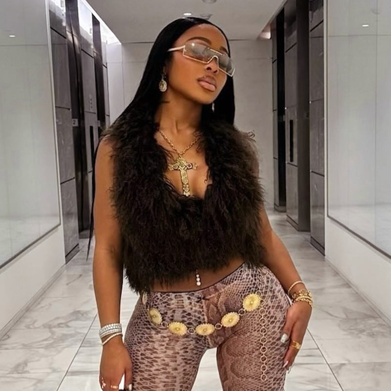 Limorista - Vest Fashion Bare Back Fur Collar Halter Top