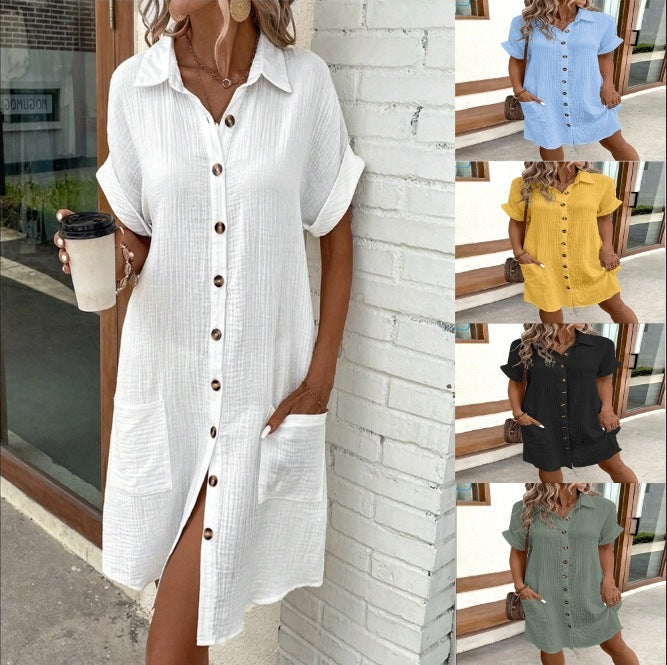 Summer Short Sleeve Shirt Dress Fashion Solid Color Single-breasted Mid-length Loose Dress Limorista