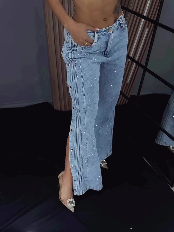 Button Polyester Rhinestone Fashion Jeans Limorista