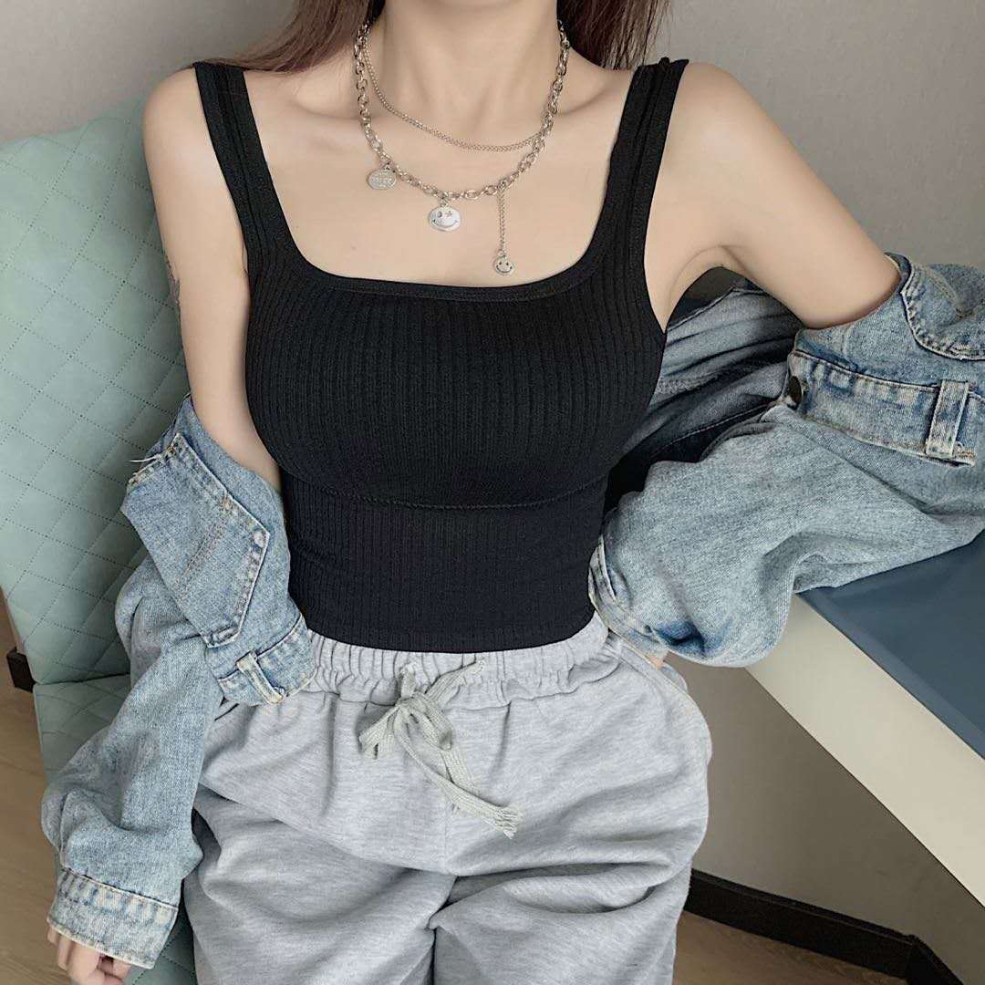 Vertical Pattern Beautiful Back Basic Sling Square Collar Vest Limorista