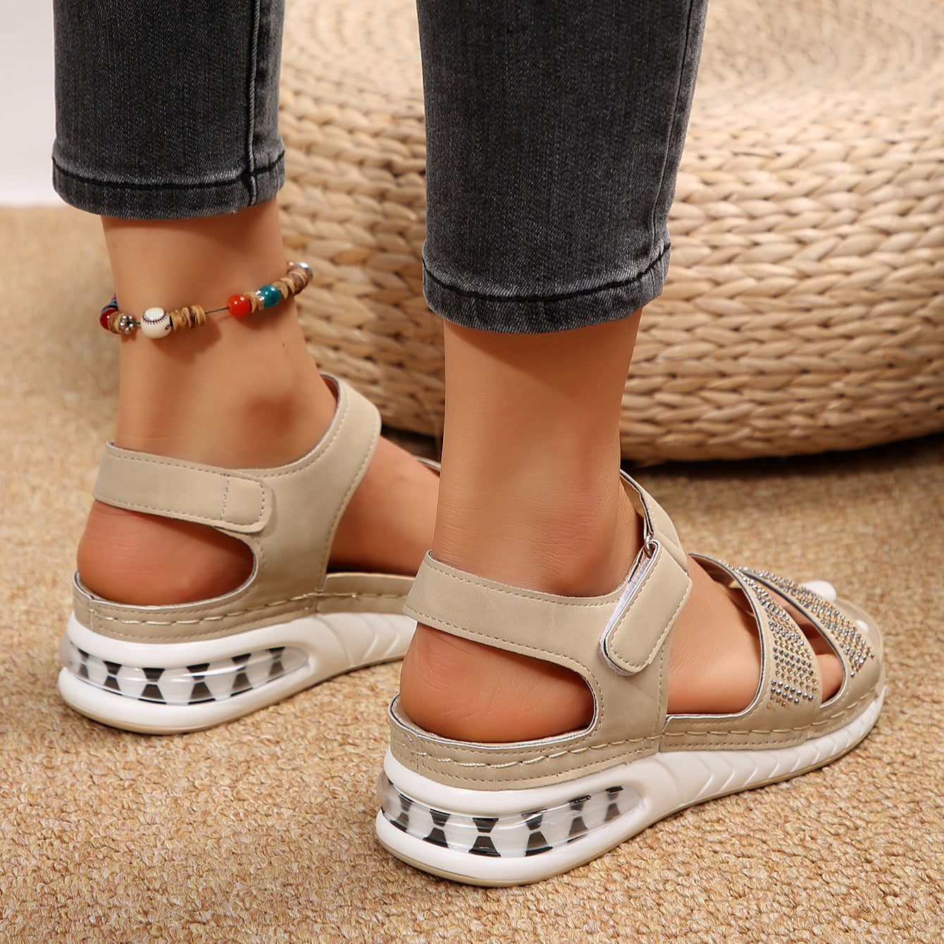 Summer Rhinestone Wedges Sandals Casual Sports Air Cushion Bottom Beach Shoes For Women Roman Sandals Limorista