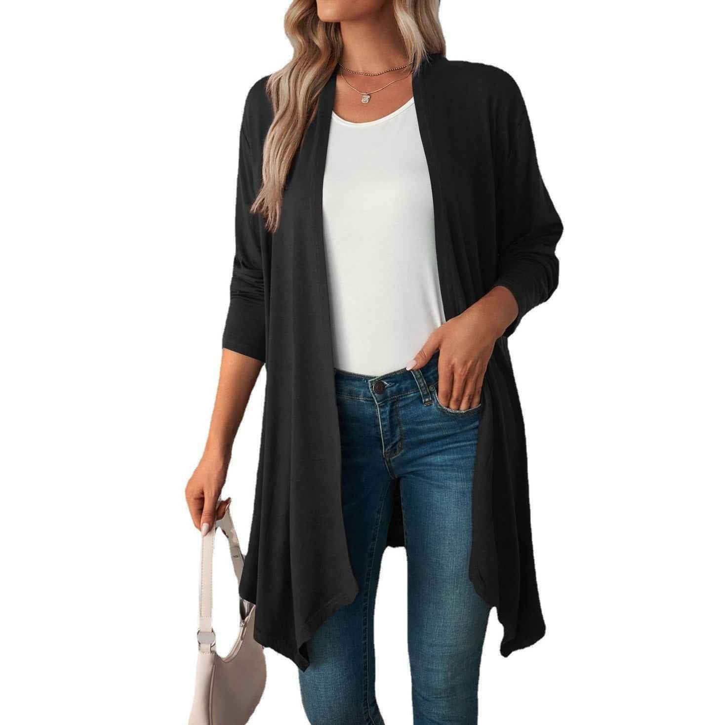 Limorista - Solid Color Long Sleeve Cardigan Jacket Long Shirt Women