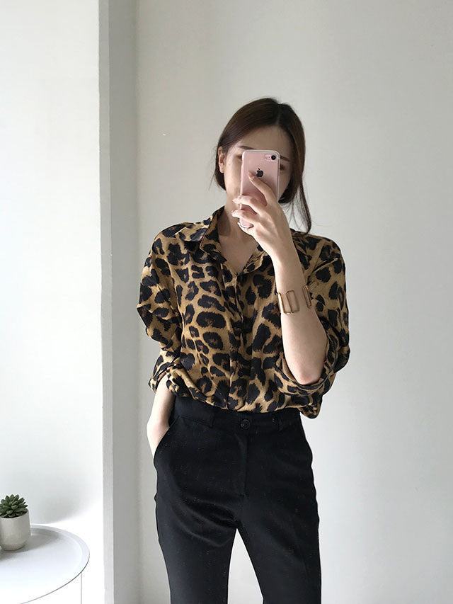 Vintage Leopard Print Loose Long Sleeve Shirt Limorista