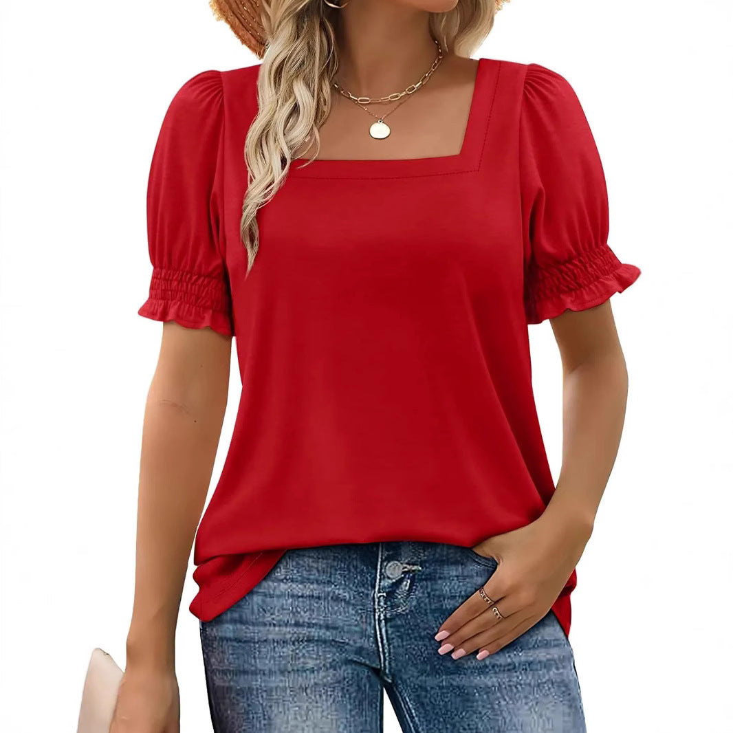 Limorista - Spring And Summer New Fashion Simple U-neck Petal Sleeve Loose T-shirt