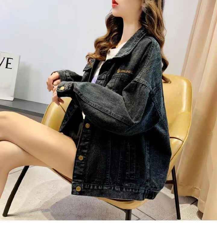 Limorista - Loose Embroidered Lettered Black Denim Jacket Slimming Jacket Coat For Women