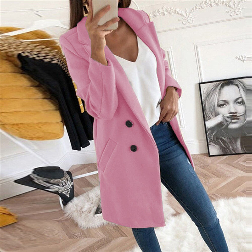 Solid Color Polo Collar Mid-length Button Woolen Coat Limorista