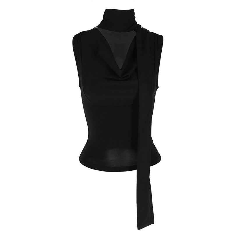 Limorista - Lace-up Tied Top Outerwear Ribbon Swing Collar Sleeveless Vest For Women