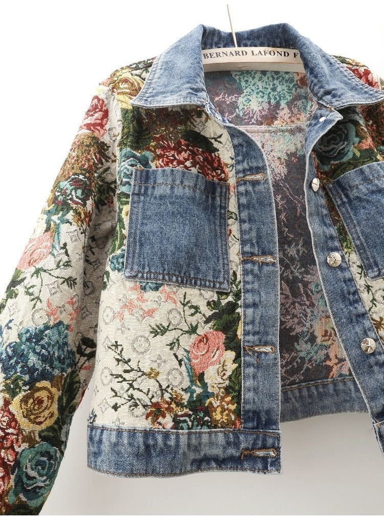 All-match Printed Patchwork Long Sleeves Lapel Denim Coat Limorista