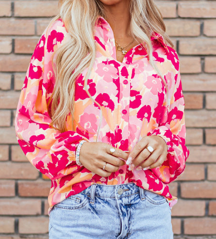 Blooming Floral Print Puff Sleeve Buttoned Shirt Limorista