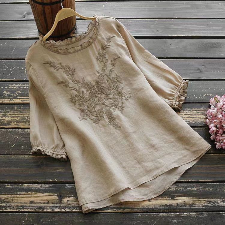 Art Style Short Sleeve T-shirt Female Embroidered Plus Size Limorista