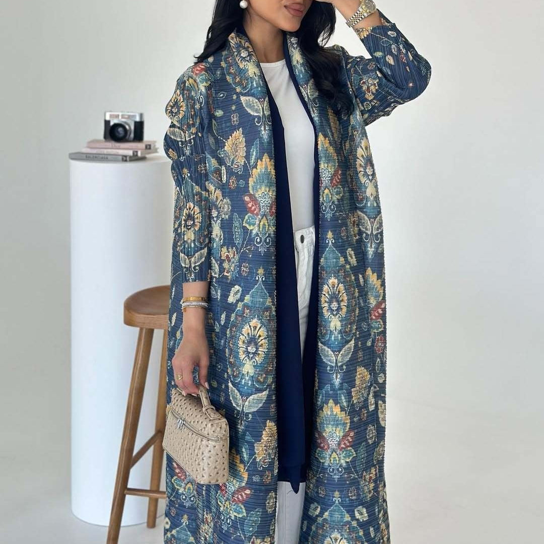 Pleated Trench Djellaba Hot-selling Printed Shawl Cardigan Ethnic Style Cloak Coat Limorista