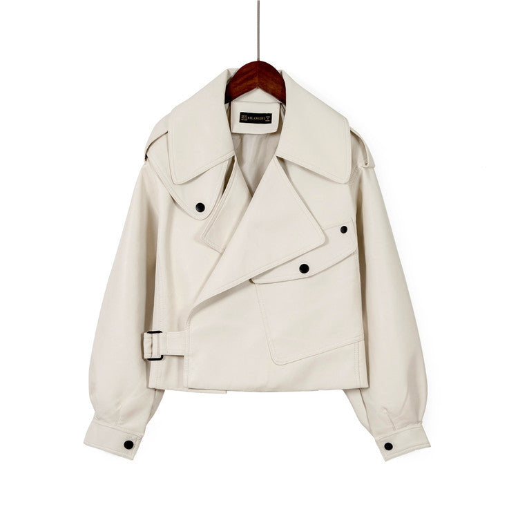 Loose cropped leather jacket motorcycle jacket Limorista