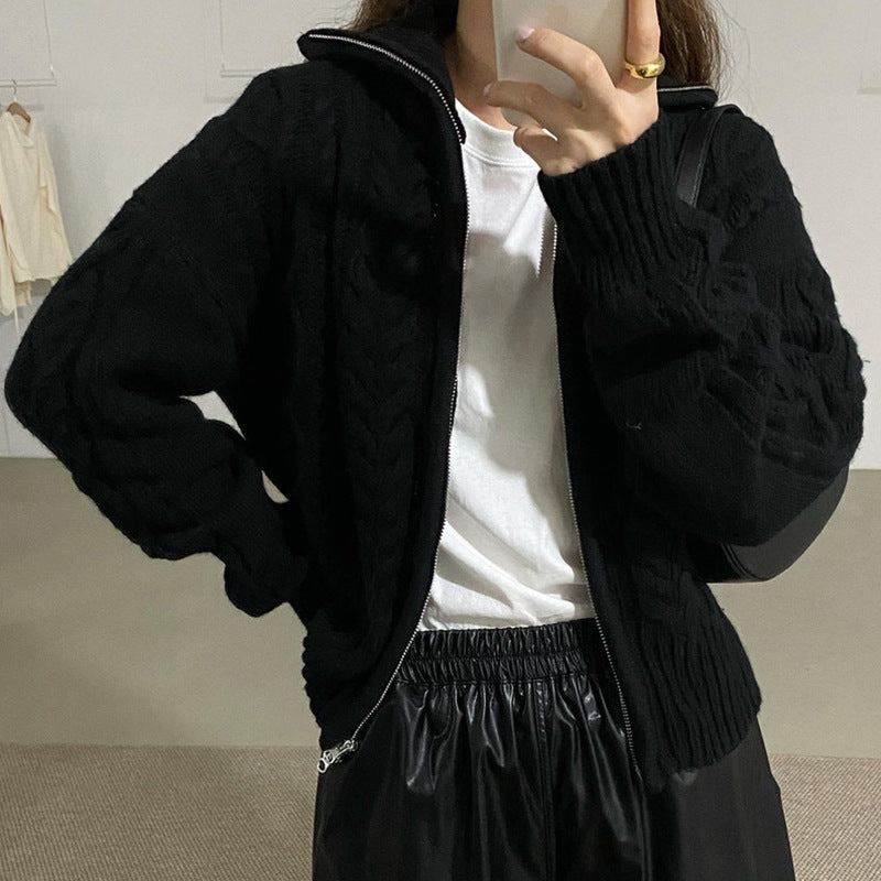 Retro Lapel Lapel Double Zipper Design Sweater Limorista