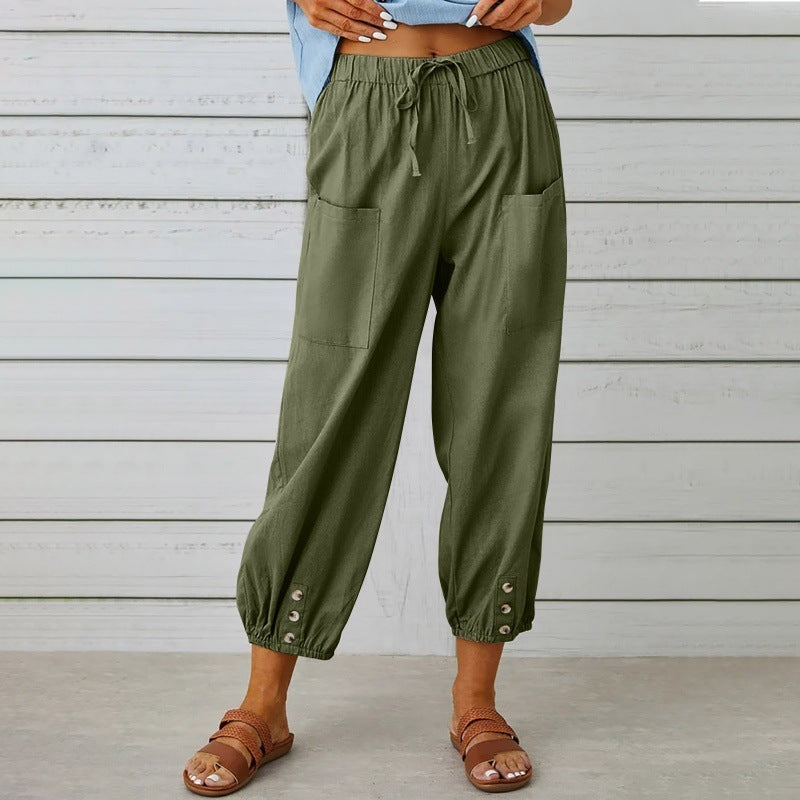 Loose High Waist Button Cotton And Linen Trousers Cropped Pants Wide Leg Women&