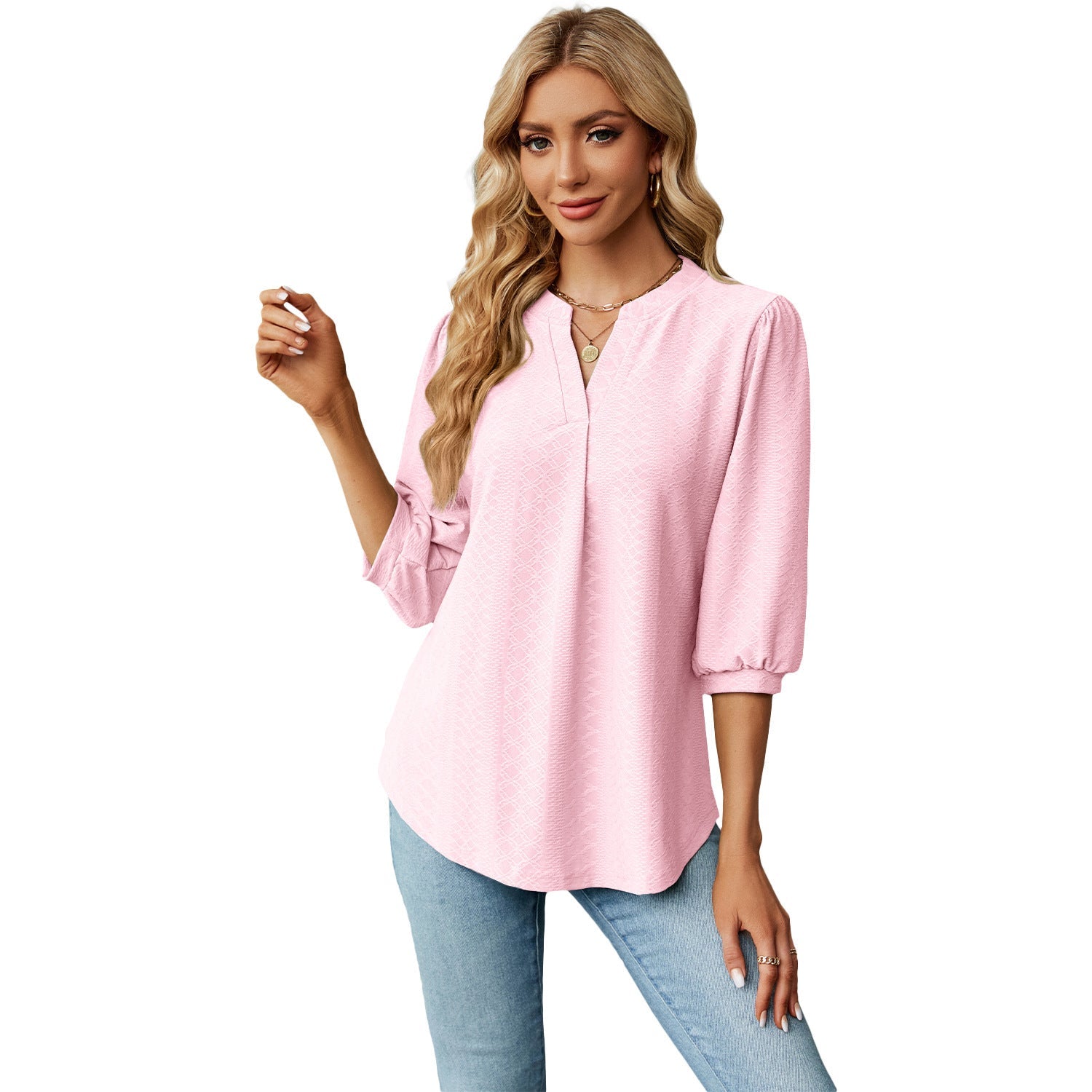 Solid Color Lace Collar Jacquard Long Sleeve Loose-fitting T-shirt Top Limorista