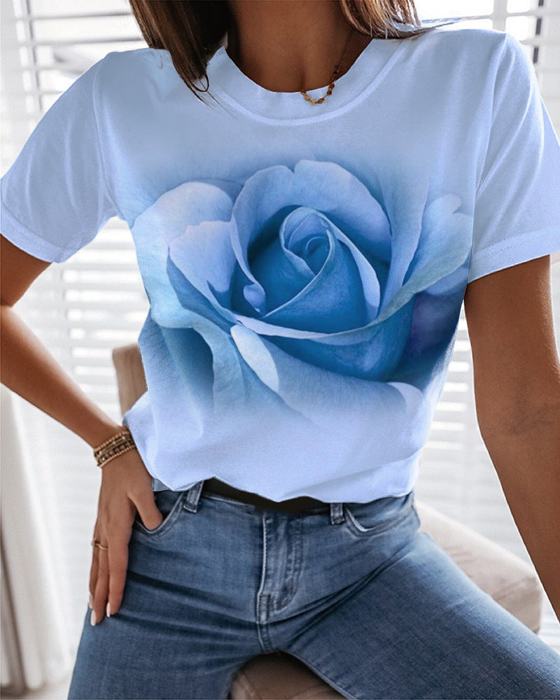 Fashion Rose 3D Printed T-shirt Round Neck Slim Fit Limorista