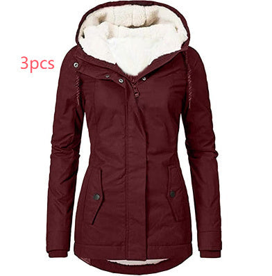 Solid Color Pocket Long-sleeve Zipper Fleece Padded Coat Women Limorista
