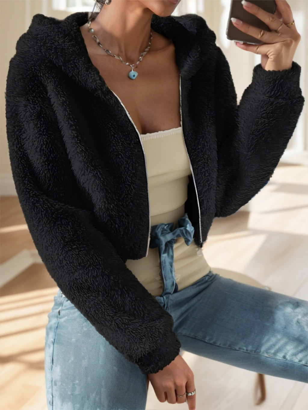 Solid Color Zip-up Teddy Hoodie, Casual Long Sleeve Hoodie Jacket Limorista