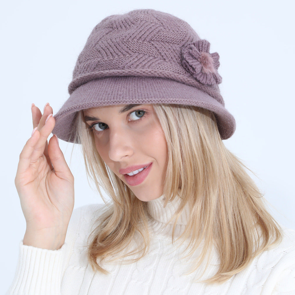 Knitted Hat New Ladies Autumn And Winter Flowers Mother Rabbit Woolen Pot Hat Plus Velvet Limorista