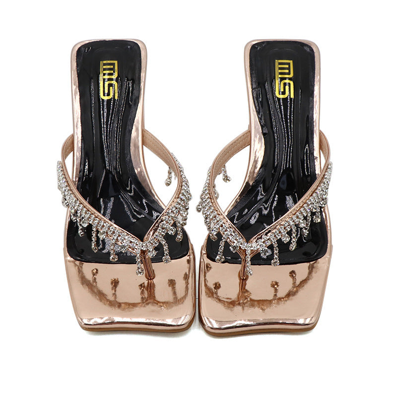 Square Toe Rhinestone High-heeled Outdoor Women&