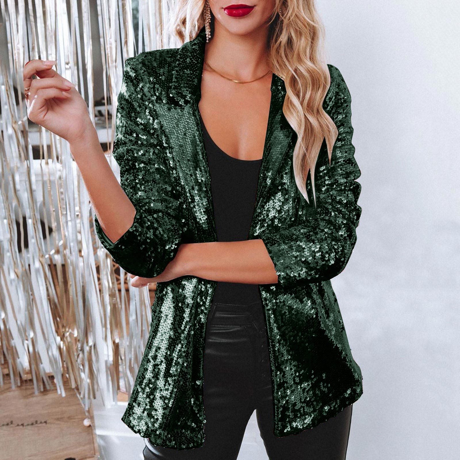 Limorista - Lapel Long Sleeve Sequined Casual Suit Jacket Women