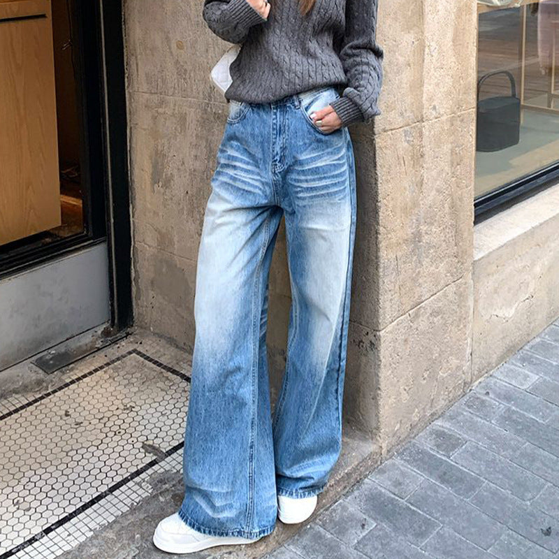 Crease Design Washed And Bleached Jeans For Women Straight Loose Floor-length Pear-shaped Wide-leg Trousers Limorista