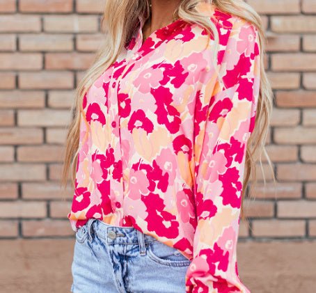 Blooming Floral Print Puff Sleeve Buttoned Shirt Limorista