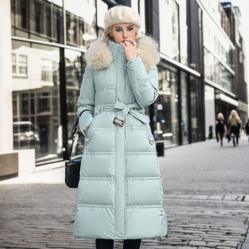 Winter Slim Long Jacket With Fur Hood And Belt Fashion Solid Hooded Coat Warm Clothing For Women Limorista