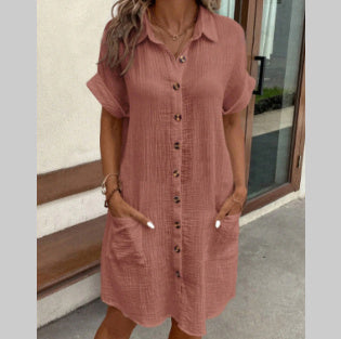 Summer Short Sleeve Shirt Dress Fashion Solid Color Single-breasted Mid-length Loose Dress - Limorista