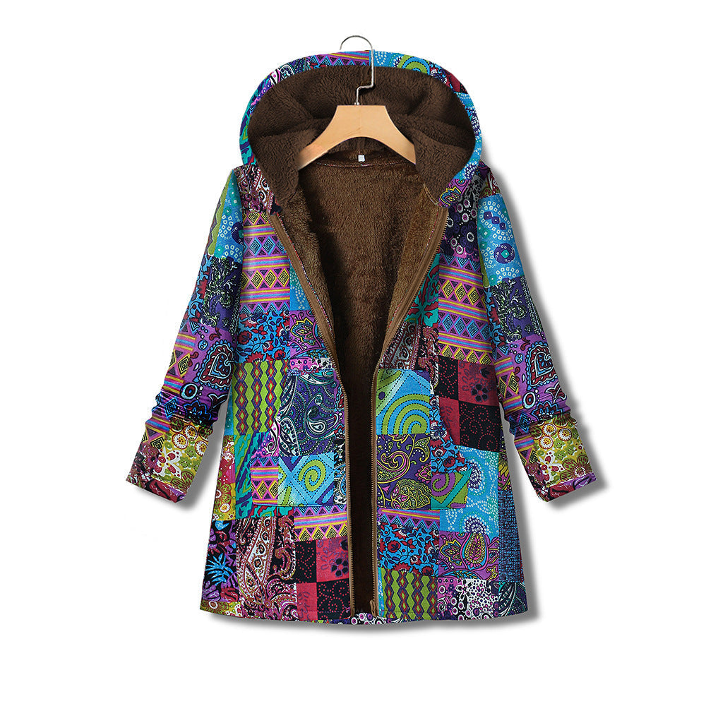 Printed cotton linen Hooded Coat zipper Limorista