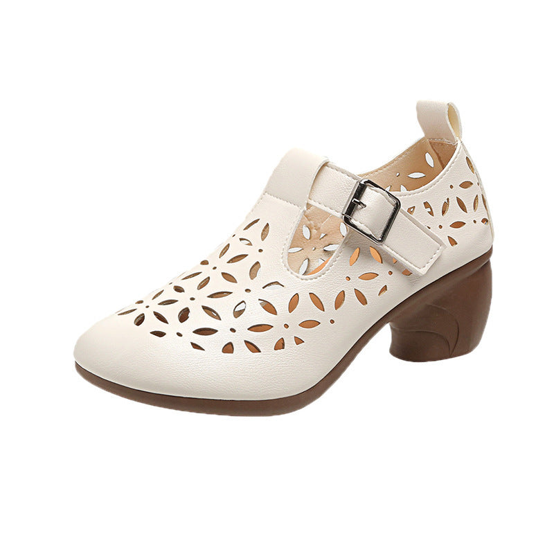 High Heel Retro Hollow Sandals Spring And Summer New Round Toe Buckle Mom Shoes Limorista