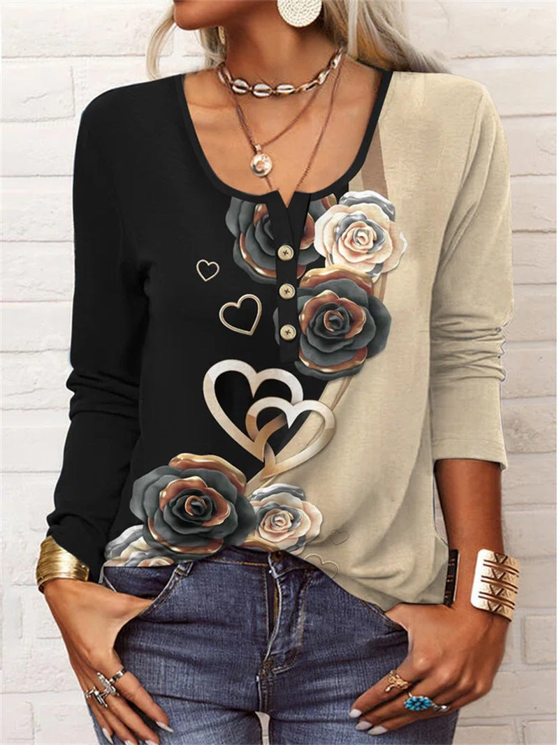 Long Sleeved Geometric Flower Mang U-neck Button Up T-shirt For Women Limorista