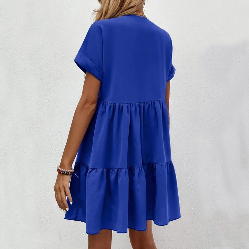 New Short-sleeved V-neck Dress Summer Casual Sweet Ruffled Dresses Solid Color Holiday Beach Dress For Womens Clothing Limorista