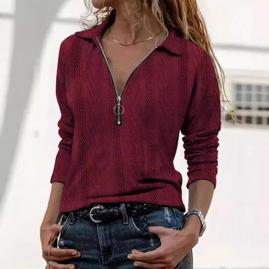 Lapel Solid Color Texture Series Zipper Women&