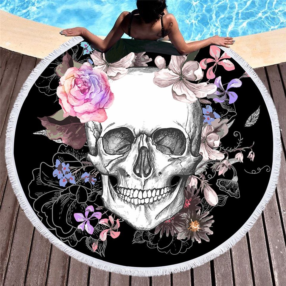 BeddingOutlet Sugar Skull Round Beach Towel Floral Tassel Tapestry And Black Yoga Mat Flower Gothic Toalla Blanket 150cm Limorista