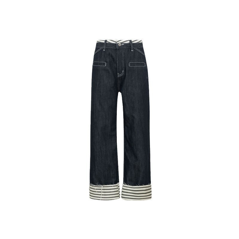 Striped Wide-leg Jeans For Women, Cuffed, High-end Design, Loose High-waist Straight Limorista