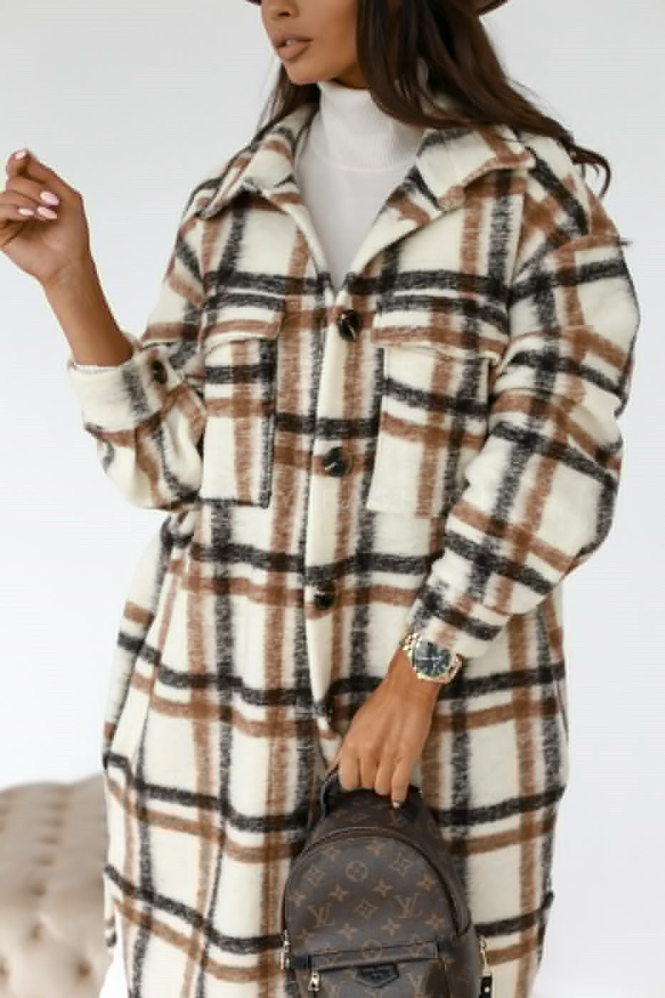 Button Lapel Casual Warm Plaid Long Woolen Coat Limorista