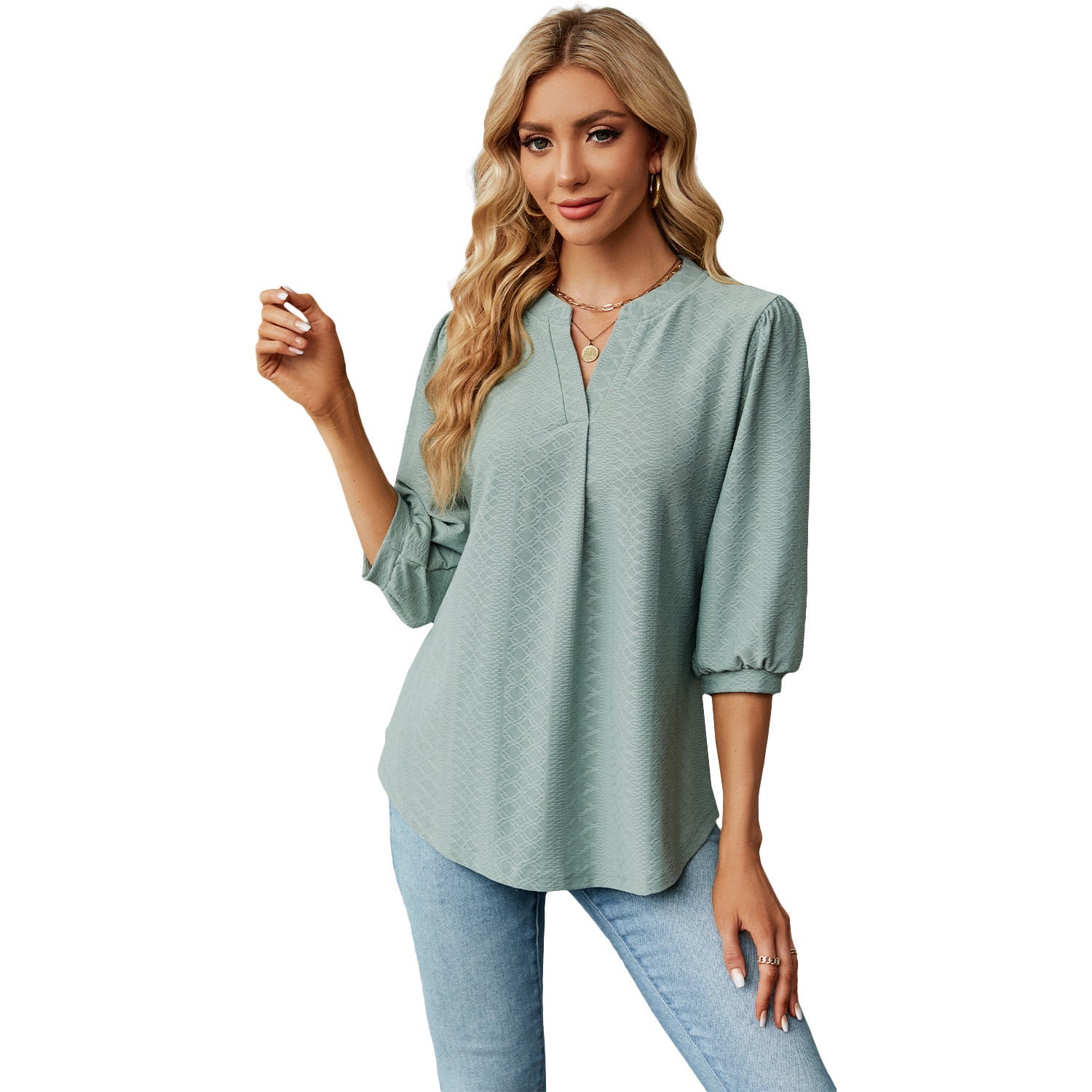 Solid Color Lace Collar Jacquard Long Sleeve Loose-fitting T-shirt Top Limorista