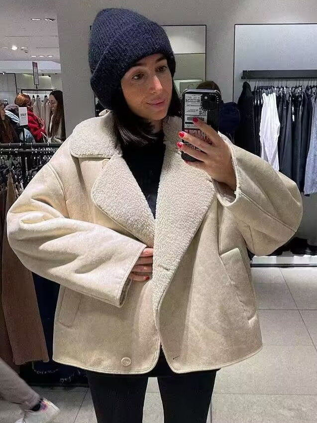 Limorista - Polo Collar Fur Suede Fleece-lined Warm Coat For Women