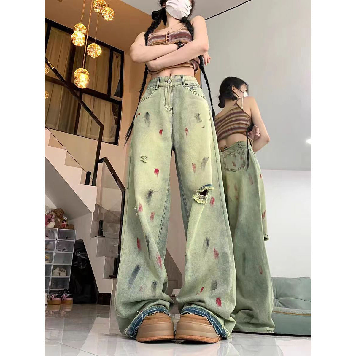 High Waist Painted Raw Edge Ripped Wide Leg Jeans For Women Loose Drape Straight Floor-length Trousers Limorista
