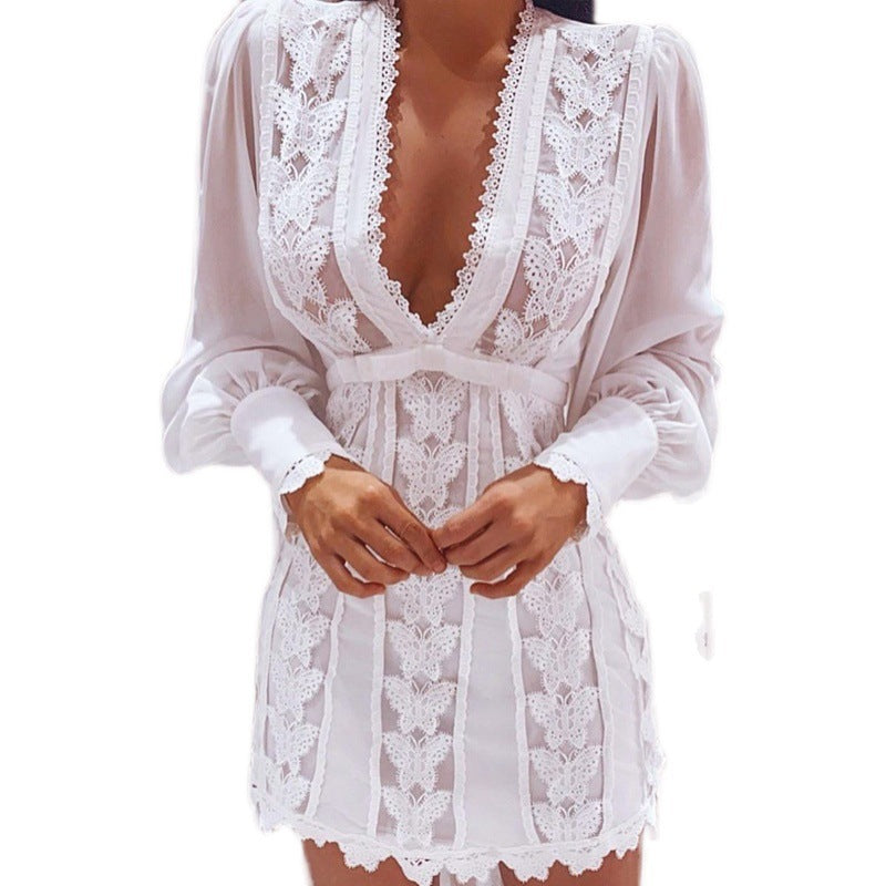 White Elegant Dresses Sexy V Neck Lace Dress Long Puff Sleeve Butterfly Dress For Women Limorista