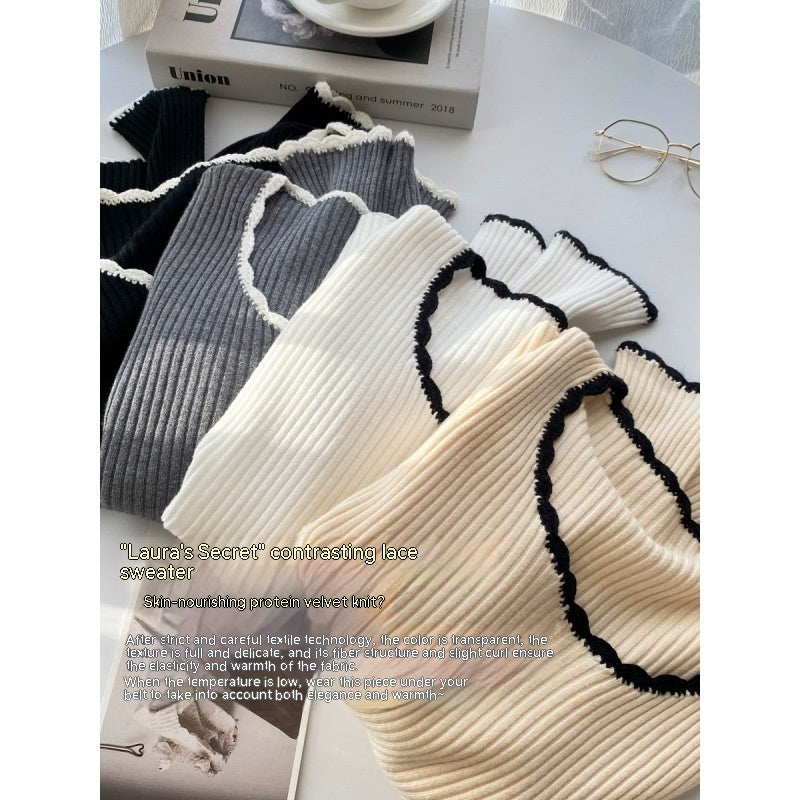 Limorista - French Style Classic Style Bell Sleeve Wooden Ear Knitted Sweater