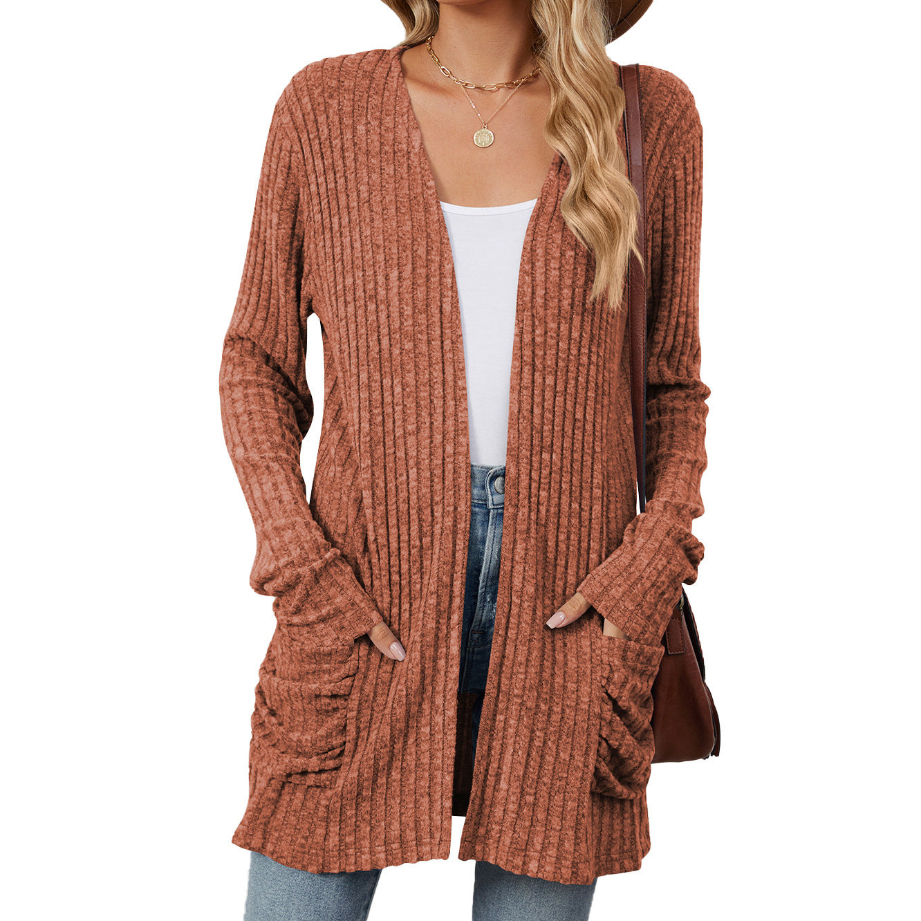 Solid Color Pocket Long Sleeve Bottoming Cardigan Knitwear Limorista