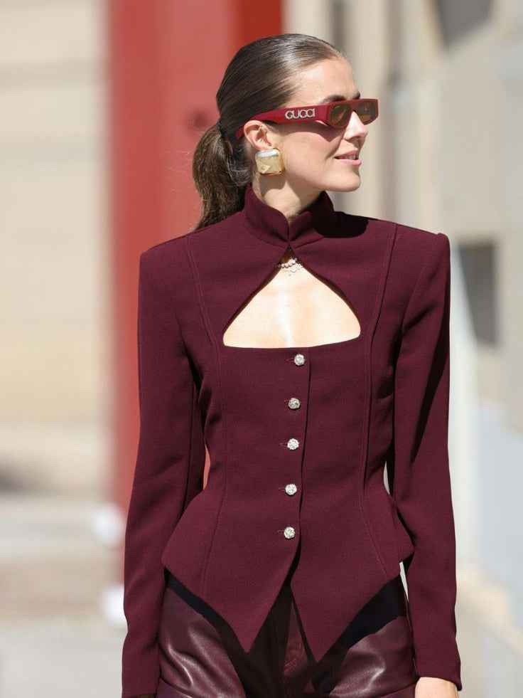 Limorista - Burgundy Stand Collar Long Sleeve Top