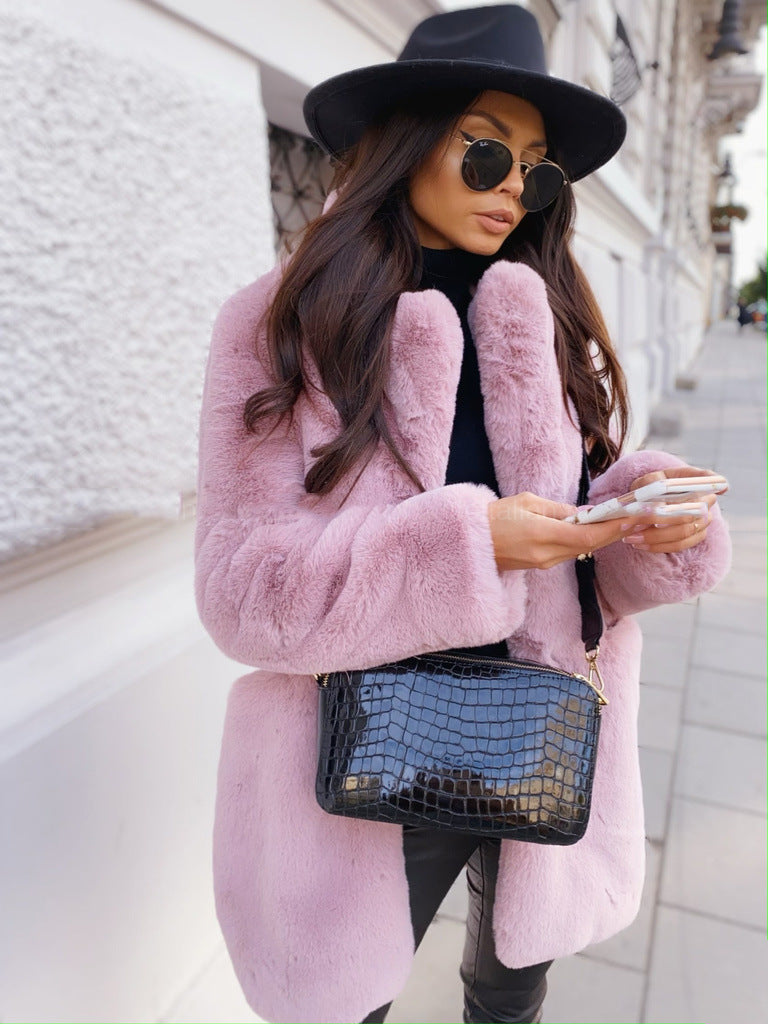 Temperament Long Sleeve Lapel Faux Fur Coat Solid Color Coat Women Fur Fur Women&